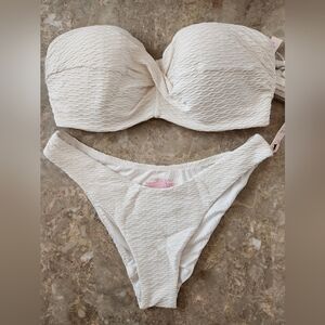 34DD/M VS Swim Twist Bandeau PushUp Bikini Top Brazilian Bikini Set White